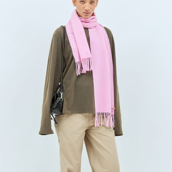 BNWT AW24 ACNE STUDIOS SKINNY FRINGE WOOL SCARF PINK - Picture 1 of 8